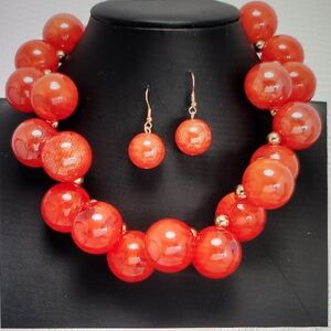 Bold Orange Beaded Necklace and Earring Set